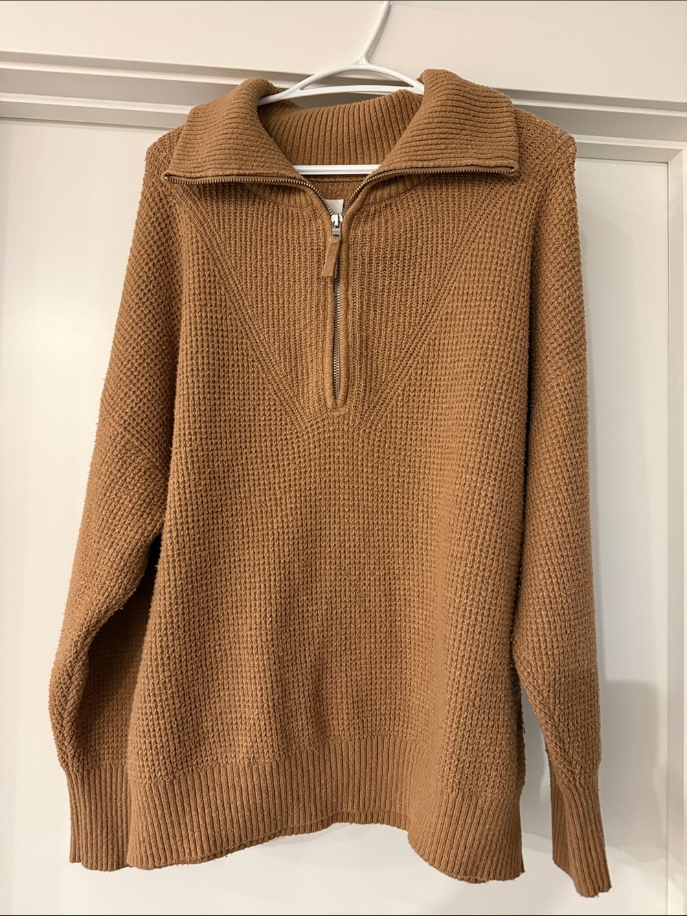 aerie Zip-Neck Waffle Knit Sweater in Camel Brown oversized